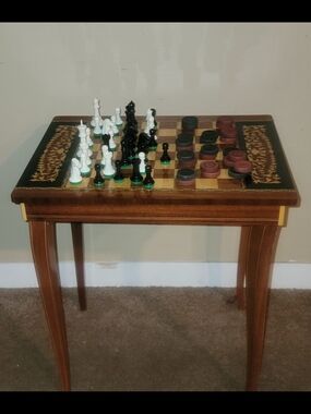 Classic ITALIAN INLAID Wooden Chess and Checkers Game Set - Black & White Pieces